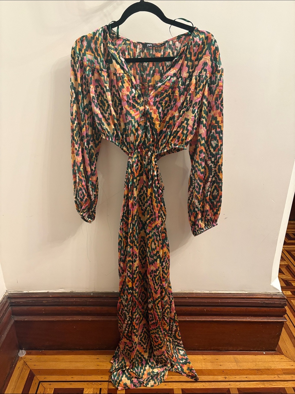 Zara Multicolor Printed Tie-Front Maxi Dress in Green, Pink and Yellow